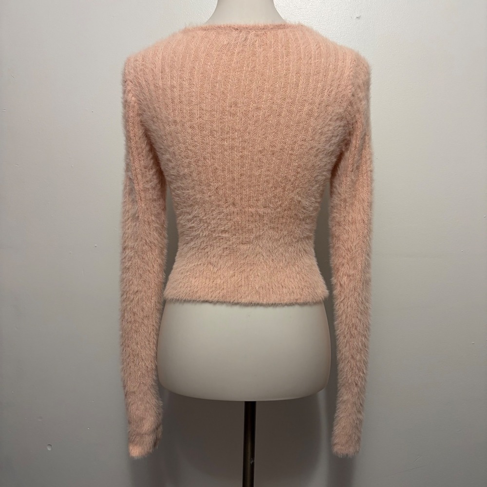 Becool Fuzzy Eyelash Knit Cropped Sweater S/M Peach Pink Surplice V-Neck - Picture 5 of 8